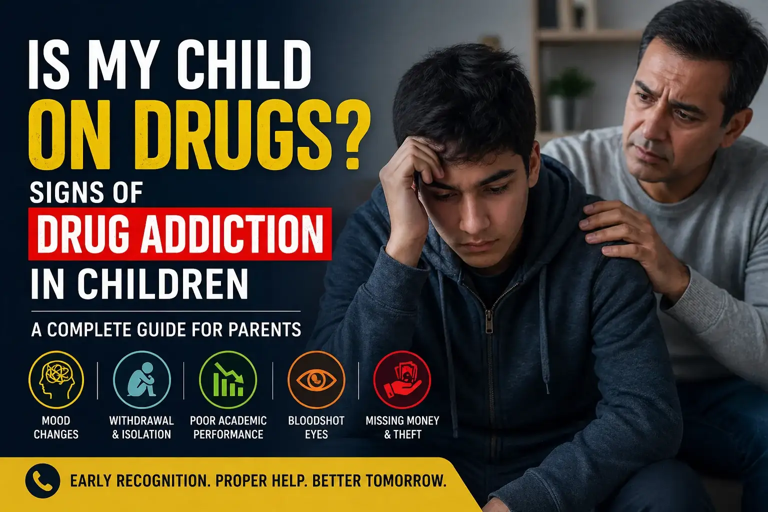 Concerned parent sitting beside a distressed teenage boy, illustrating warning signs of drug addiction in children such as mood changes, isolation, poor performance, and missing money.