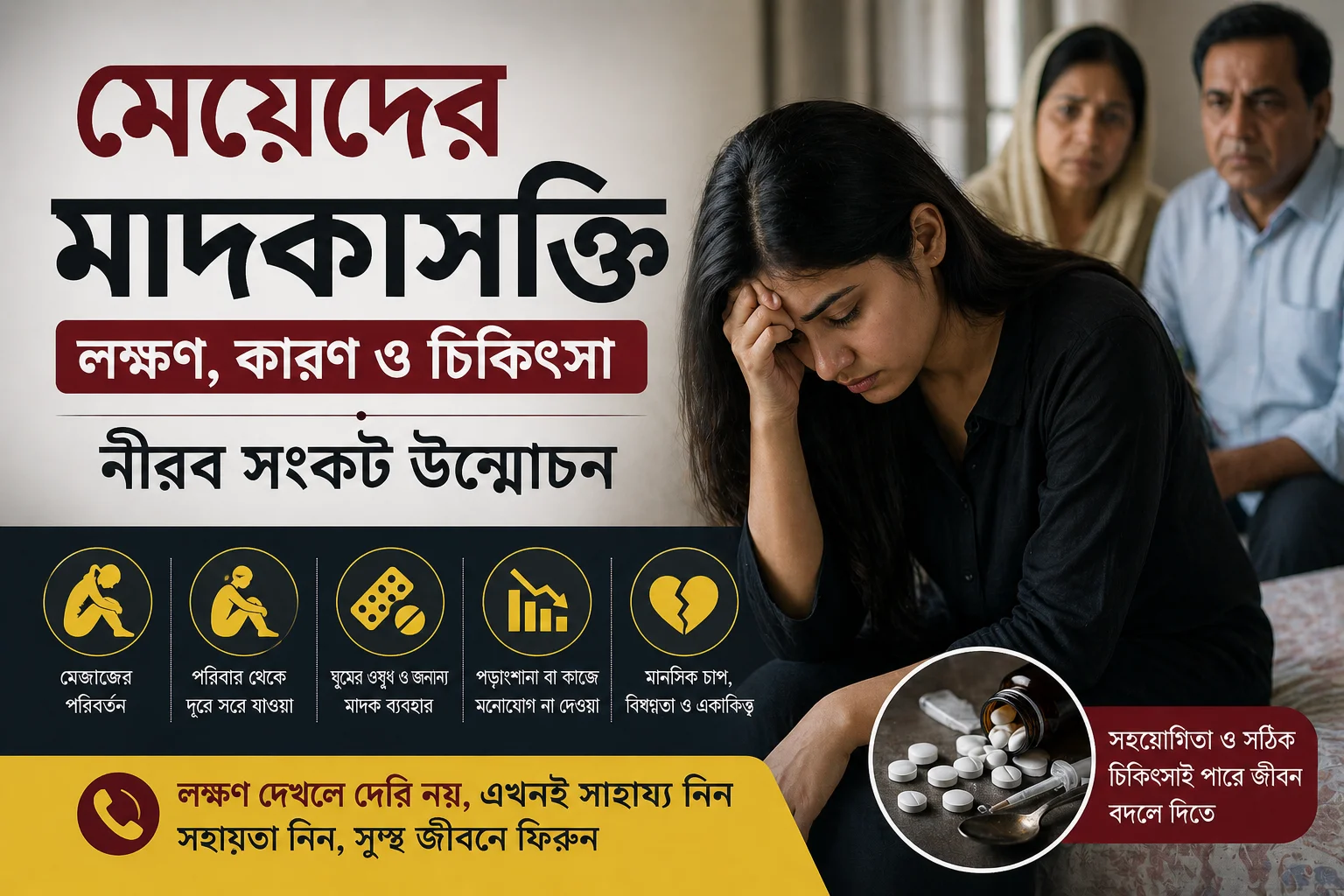 A distressed young woman sitting with her head in her hand while concerned parents sit behind her, representing signs, causes, and treatment of drug addiction in women.