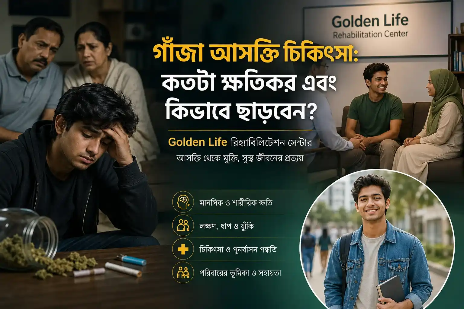 গাঁজা আসক্তি চিকিৎসা বিষয়ক বাস্তবধর্মী ছবি যেখানে একজন তরুণ গাঁজার আসক্তিতে মানসিকভাবে ভেঙে পড়েছে এবং Golden Life Rehabilitation Center-এ কাউন্সেলিং ও পুনর্বাসনের মাধ্যমে সুস্থ জীবনে ফিরে আসছে।