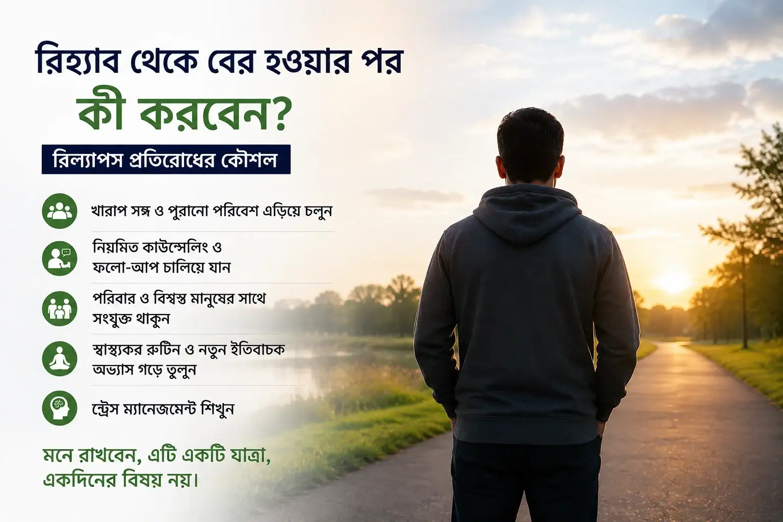 রিহ্যাব থেকে বের হওয়ার পর রিল্যাপস প্রতিরোধের কৌশল নিয়ে বাংলা সচেতনতামূলক পোস্টার, যেখানে একজন ব্যক্তি পার্কে বসে নতুন জীবনের পথে এগিয়ে যাওয়ার প্রতীকী দৃশ্যে দেখানো হয়েছে
