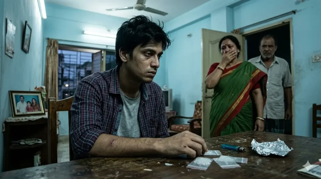 ক্রিস্টাল মেথ (আইস) আসক্তি: বাংলাদেশে ক্রমবর্ধমান বিপদ 1 একটি মধ্যবিত্ত বাংলাদেশী পরিবারে ক্রিস্টাল মেথ বা আইস আসক্তির মানসিক বিপর্যয় এবং পেছনে চিন্তিত ও ক্রন্দনরত মা-বাবা।