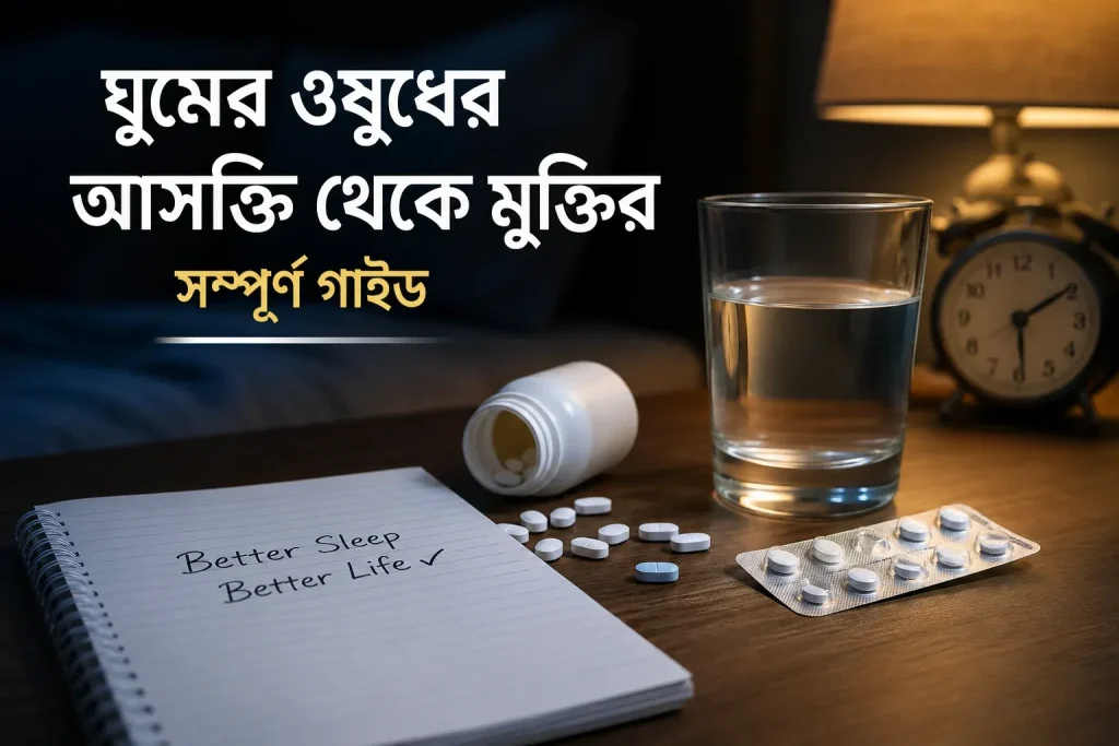 ঘুমের ওষুধের আসক্তি থেকে মুক্তির সম্পূর্ণ গাইড 1 বিছানার পাশে ঘুমের ওষুধ, পানির গ্লাস ও অ্যালার্ম ঘড়ির বাস্তবধর্মী দৃশ্য, যা ঘুমের ওষুধের আসক্তি, উইথড্রয়াল, ডিটক্স চিকিৎসা, অনিদ্রা এবং পুনর্বাসনের প্রতীক।