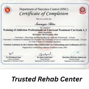 Universal Treatment Curricula training certificate from the Colombo Plan and DNC for Golden Life BD staff