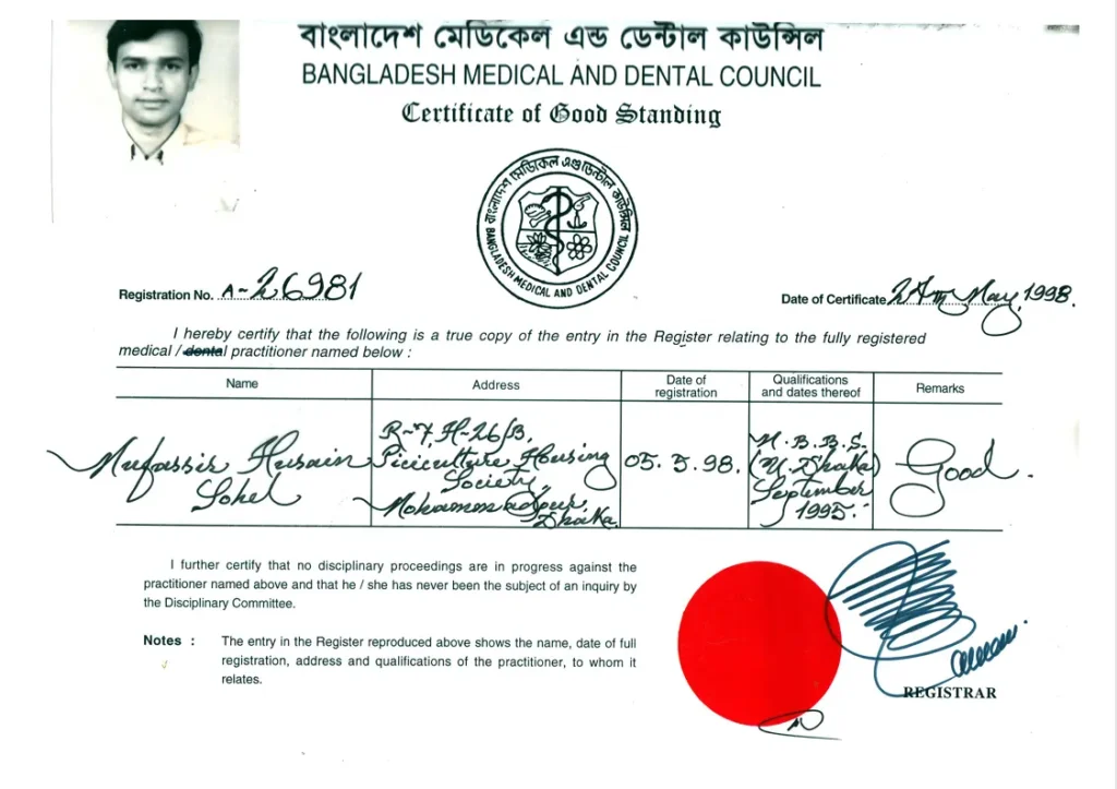 BMDC registration certificate of Dr. Mufassir Husain Sohel of Golden Life BD